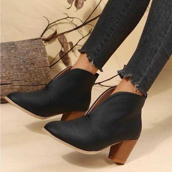 Women Heel Ankle BootsV Cut Fashion Slip on Black Size 9US / 40CN - Picture 1 of 13